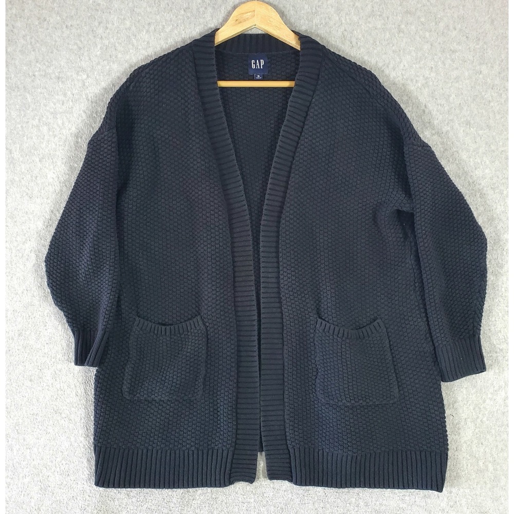 Gap Womens XL Black Cotton Open Front Cardigan Popcorn Knit Sweater Pockets